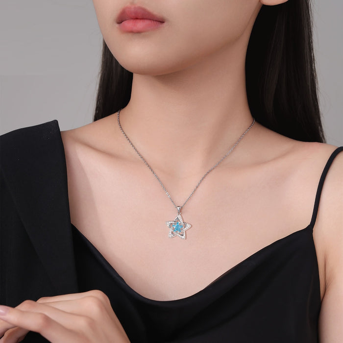 Elegant Blue Pentagram Necklace Female Zircon Pendant Jewelry