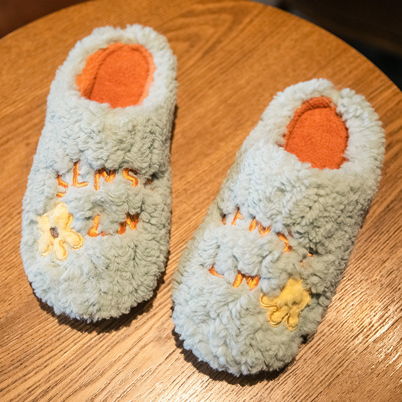 Ins Cute Flower Fleece Slippers Winter Warm Bedroom Floor Slippers Indoor Non-slip Plush Shoes For Women