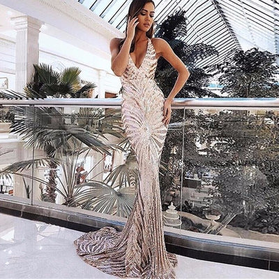 Bank Fashion Elegant Deep V Neck Party Dresses Gold Sequined Maxi banksheyes