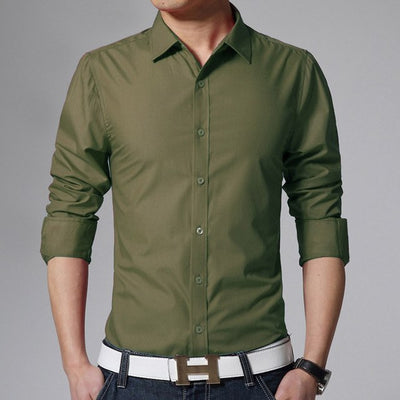 Slim Shirt Plain White Army Green Dress Shirt Men - bankshayes40