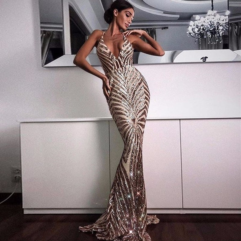 Bank Fashion Elegant Deep V Neck Party Dresses Gold Sequined Maxi banksheyes