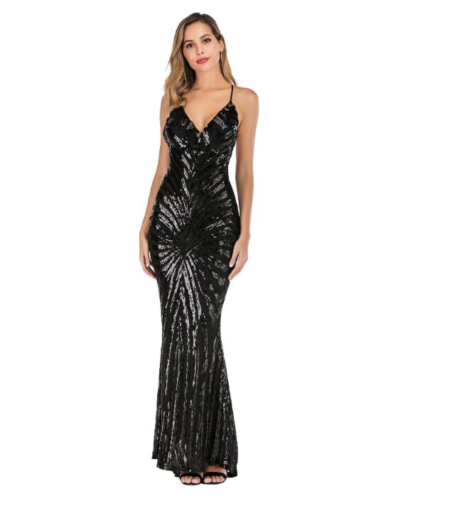 Bank Fashion Elegant Deep V Neck Party Dresses Gold Sequined Maxi banksheyes