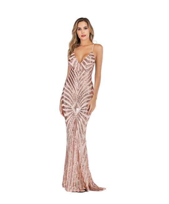 Bank Fashion Elegant Deep V Neck Party Dresses Gold Sequined Maxi banksheyes