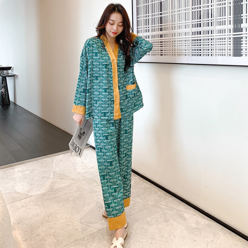 QSROCIO Women's Pajamas Set V Neck Design Luxury Cross Letter Print Sleepwear Silk Like Home Clothes XXL Large Size Nightwear - bankshayes40