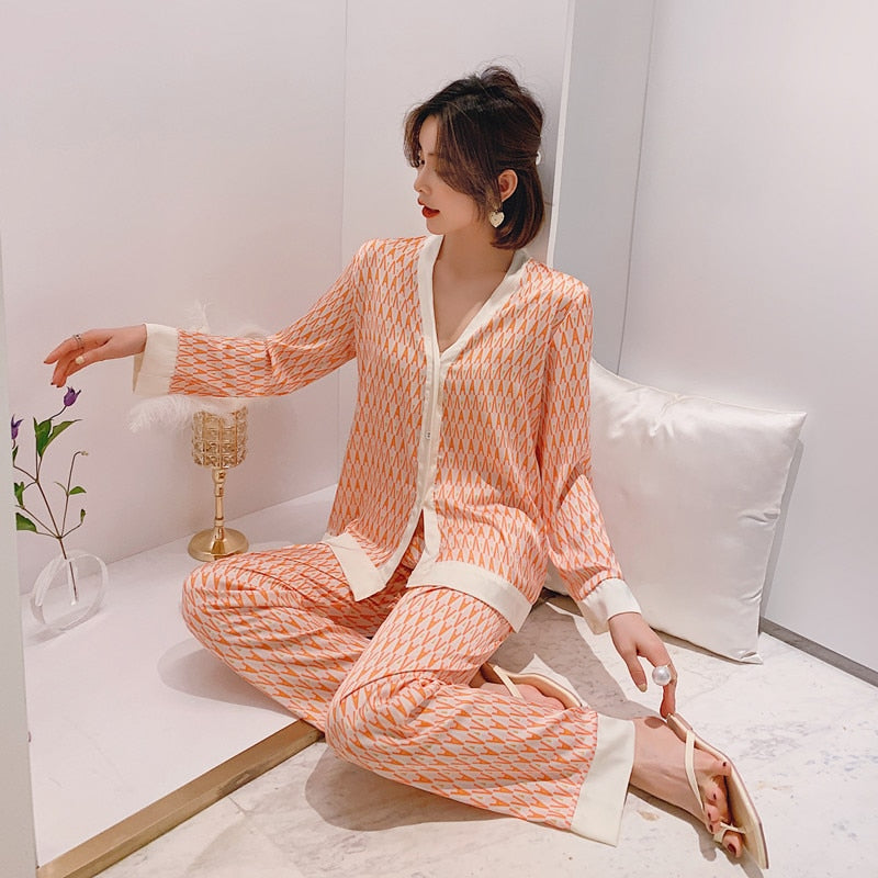 QSROCIO Women's Pajamas Set V Neck Design Luxury Cross Letter Print Sleepwear Silk Like Home Clothes XXL Large Size Nightwear - bankshayes40