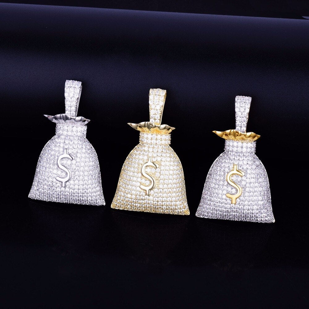 US Dollar Money Bag Pendant Gold Color Bling Cubic Zircon Men's Hip Hop Necklace Jewelry - bankshayes40