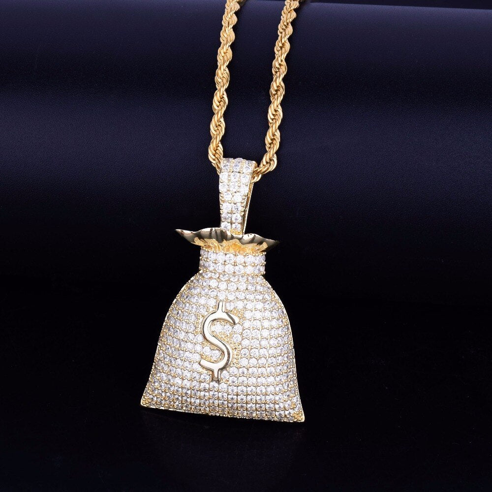 US Dollar Money Bag Pendant Gold Color Bling Cubic Zircon Men's Hip Hop Necklace Jewelry - bankshayes40