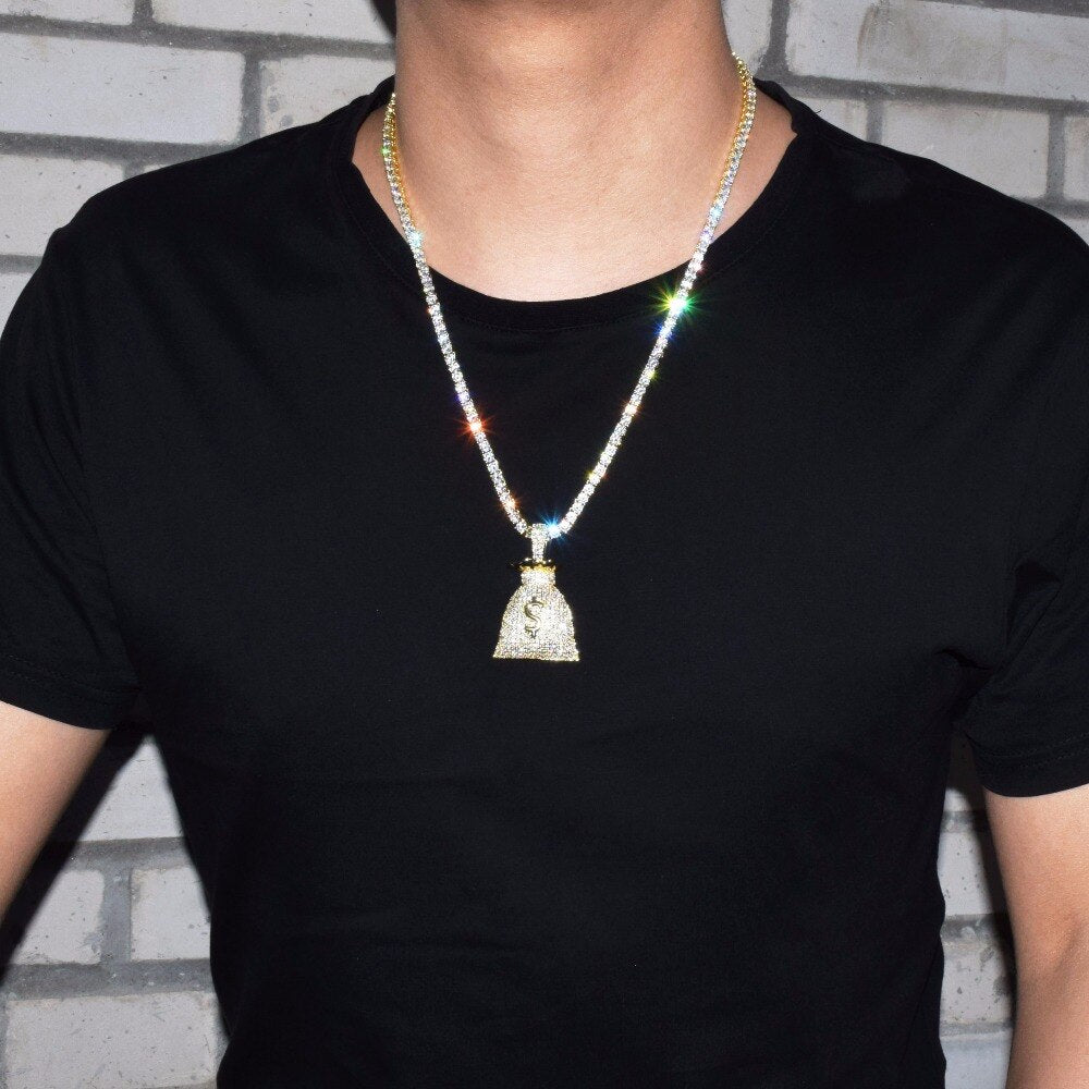 US Dollar Money Bag Pendant Gold Color Bling Cubic Zircon Men's Hip Hop Necklace Jewelry - bankshayes40