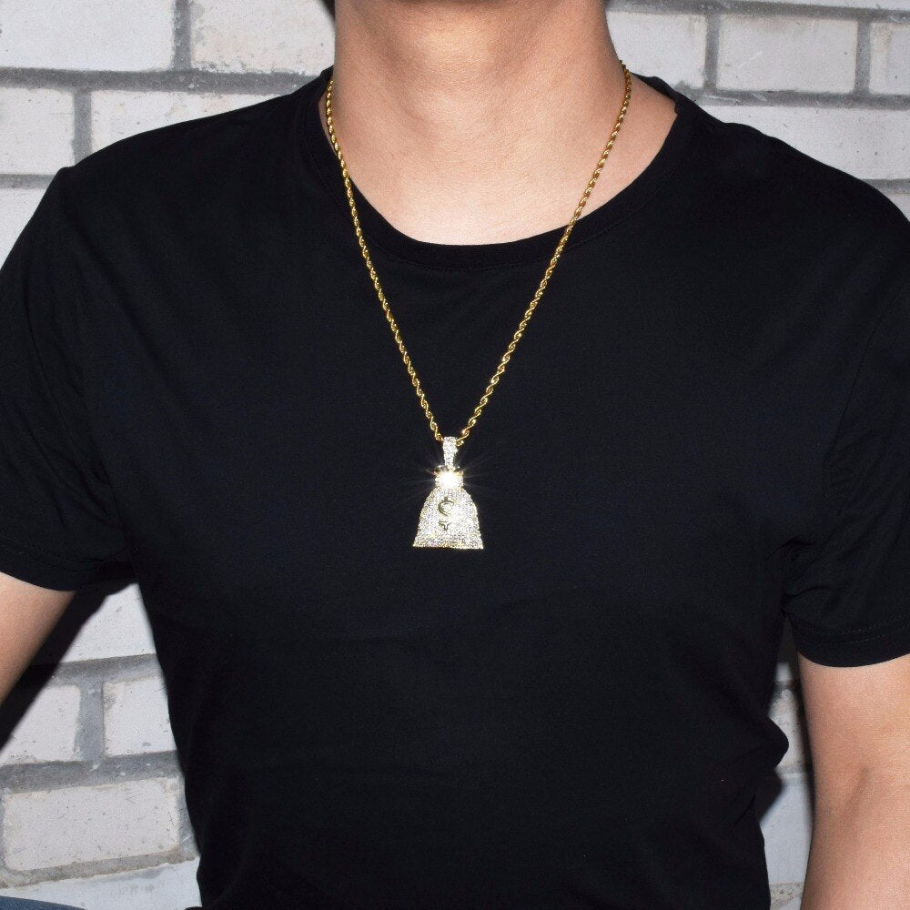 US Dollar Money Bag Pendant Gold Color Bling Cubic Zircon Men&#39;s Hip Hop Necklace Jewelry - bankshayes40