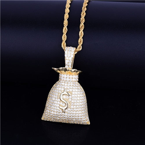 US Dollar Money Bag Pendant Gold Color Bling Cubic Zircon Men's Hip Hop Necklace Jewelry - bankshayes40