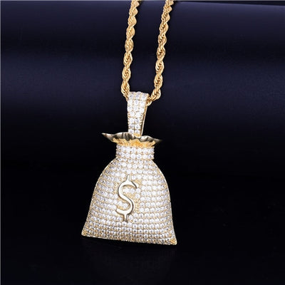 US Dollar Money Bag Pendant Gold Color Bling Cubic Zircon Men&#39;s Hip Hop Necklace Jewelry - bankshayes40