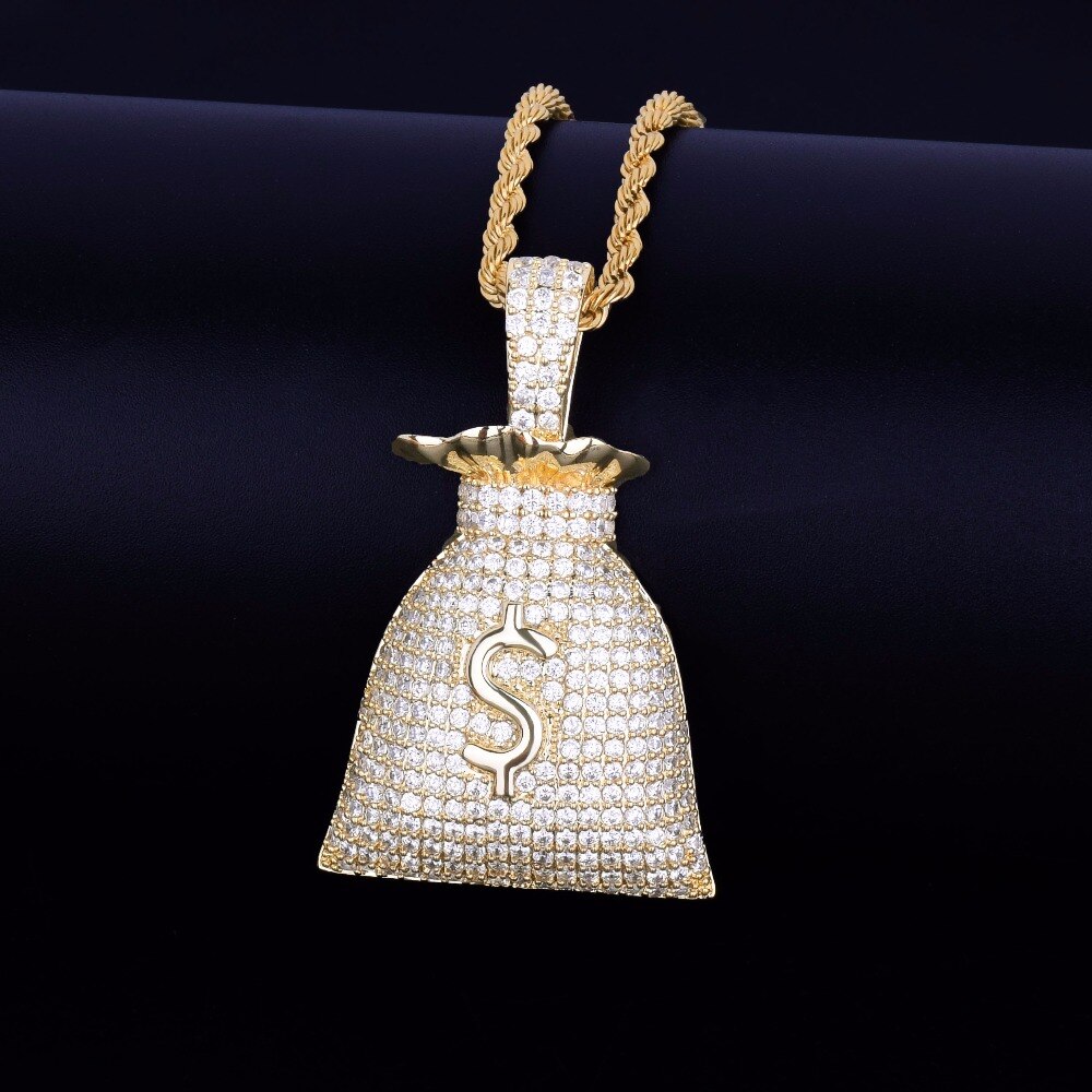 US Dollar Money Bag Pendant Gold Color Bling Cubic Zircon Men's Hip Hop Necklace Jewelry - bankshayes40