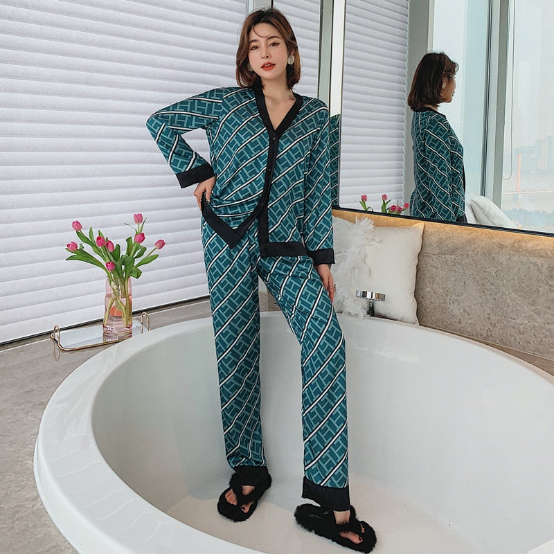 QSROCIO Women's Pajamas Set V Neck Design Luxury Cross Letter Print Sleepwear Silk Like Home Clothes XXL Large Size Nightwear - bankshayes40