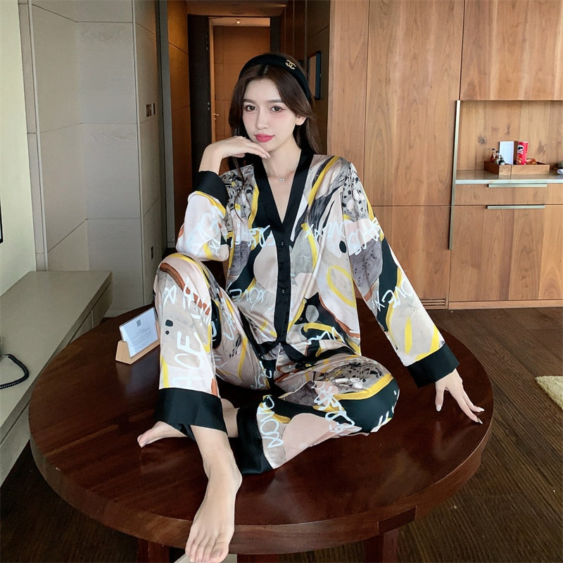 QSROCIO Women's Pajamas Set V Neck Design Luxury Cross Letter Print Sleepwear Silk Like Home Clothes XXL Large Size Nightwear - bankshayes40