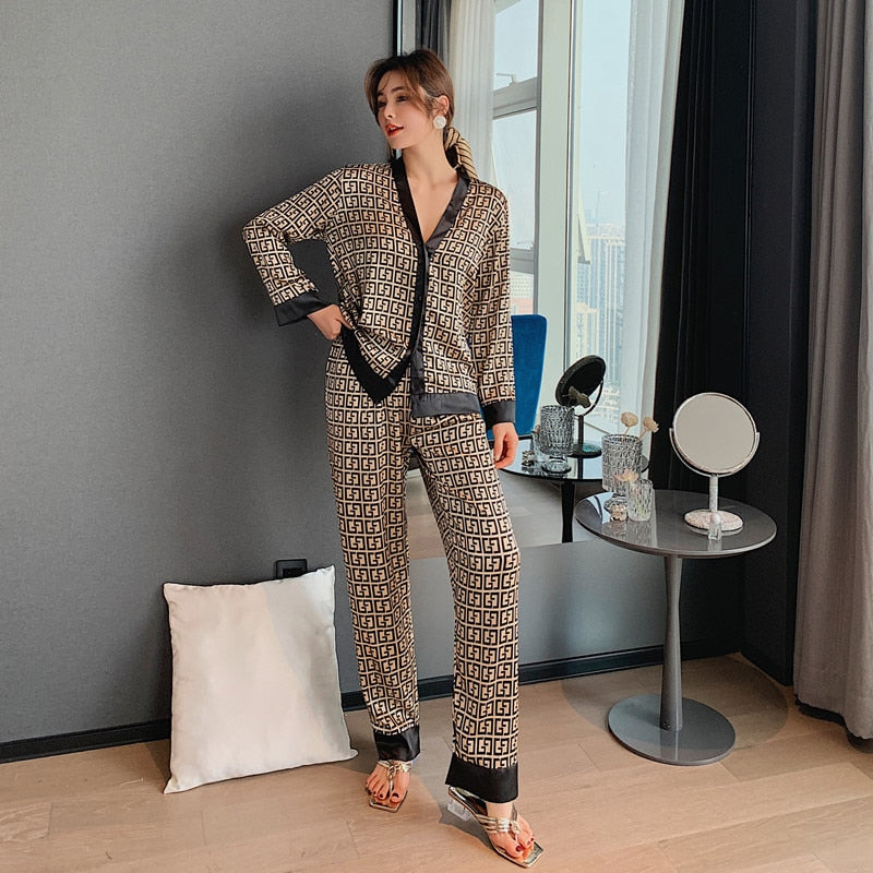 QSROCIO Women's Pajamas Set V Neck Design Luxury Cross Letter Print Sleepwear Silk Like Home Clothes XXL Large Size Nightwear - bankshayes40
