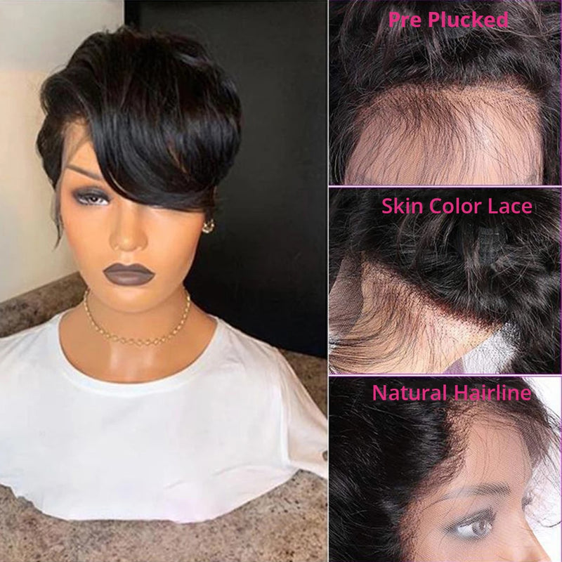 Human Hair Wigs Short Straight Bob Wig T Part Transparent Lace Wig For Women Preplucked Hairline Pixie Cut Wig Perruque Femme - bankshayes40