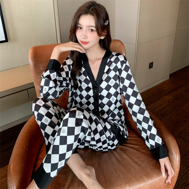QSROCIO Women's Pajamas Set V Neck Design Luxury Cross Letter Print Sleepwear Silk Like Home Clothes XXL Large Size Nightwear - bankshayes40