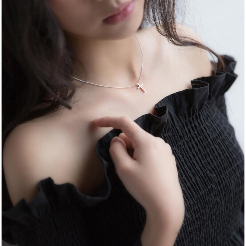 TrustDavis New Women's Fashion 925 Sterling Silver Jewelry Cross Pendant Short 40cm Necklace Cute Gift Girls Lady DS219 - bankshayes40