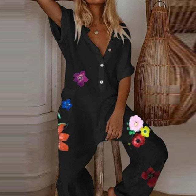 Summer Short Sleeve Eyelash Print Jumpsuit Casual Women Cotton Linen Playsuits 2020 V Neck Button Loose Overalls Romper Bodysuit - bankshayes40