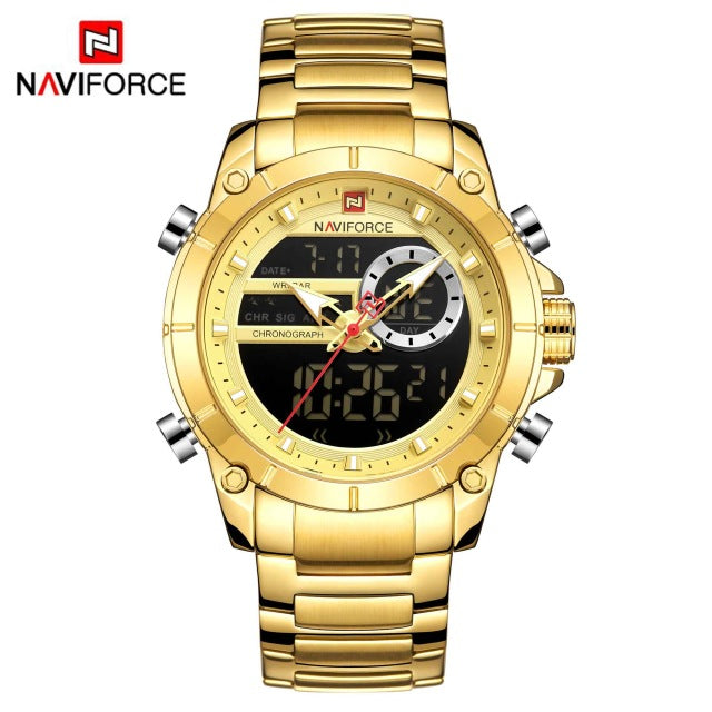 NAVIFORCE Men Military Sport Wrist Watch Gold Quartz Steel Waterproof Dual Display Male Clock Watches Relogio Masculino 9163 - bankshayes40