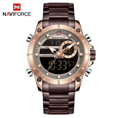 NAVIFORCE Men Military Sport Wrist Watch Gold Quartz Steel Waterproof Dual Display Male Clock Watches Relogio Masculino 9163 - bankshayes40