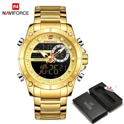 NAVIFORCE Men Military Sport Wrist Watch Gold Quartz Steel Waterproof Dual Display Male Clock Watches Relogio Masculino 9163 - bankshayes40