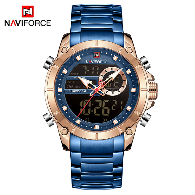 NAVIFORCE Men Military Sport Wrist Watch Gold Quartz Steel Waterproof Dual Display Male Clock Watches Relogio Masculino 9163 - bankshayes40