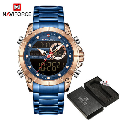 NAVIFORCE Men Military Sport Wrist Watch Gold Quartz Steel Waterproof Dual Display Male Clock Watches Relogio Masculino 9163 - bankshayes40