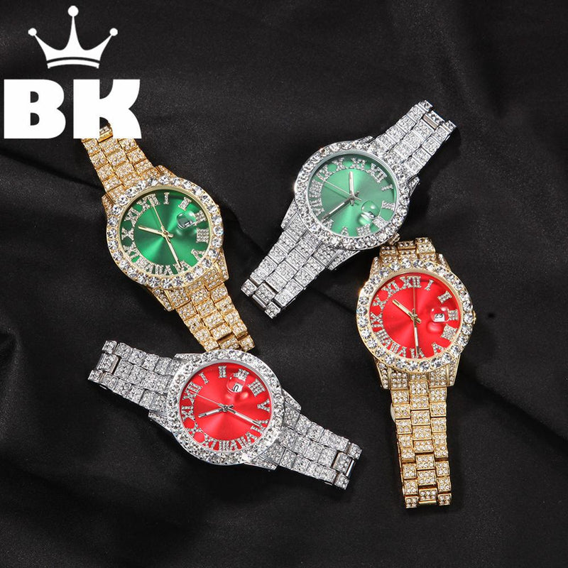 THE HIP HOP Big Dial Full Iced Out Colored Watches Stainless Steel Fashion Luxury Rhinestones Quartz Wristwatches Business Watch - bankshayes40