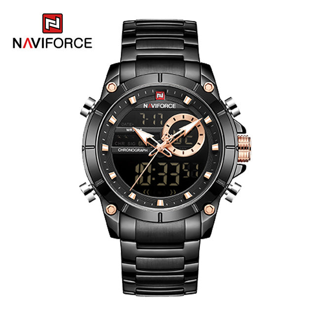 NAVIFORCE Men Military Sport Wrist Watch Gold Quartz Steel Waterproof Dual Display Male Clock Watches Relogio Masculino 9163 - bankshayes40