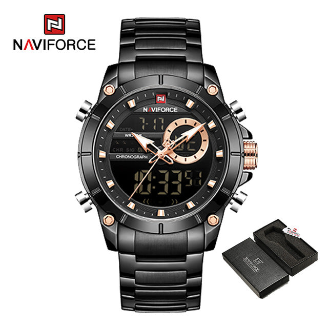 NAVIFORCE Men Military Sport Wrist Watch Gold Quartz Steel Waterproof Dual Display Male Clock Watches Relogio Masculino 9163 - bankshayes40