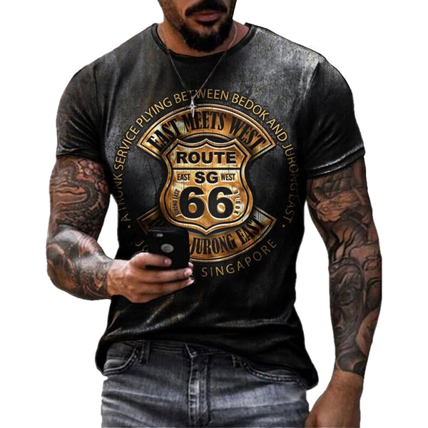 Summer New Mens T Shirts Oversized Loose Clothes Vintage Short Sleeve Fashion America Route 66 Letters Printed O Collared Tshirt - bankshayes40