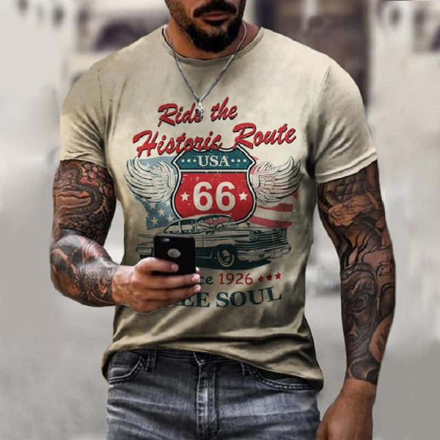 Summer New Mens T Shirts Oversized Loose Clothes Vintage Short Sleeve Fashion America Route 66 Letters Printed O Collared Tshirt - bankshayes40
