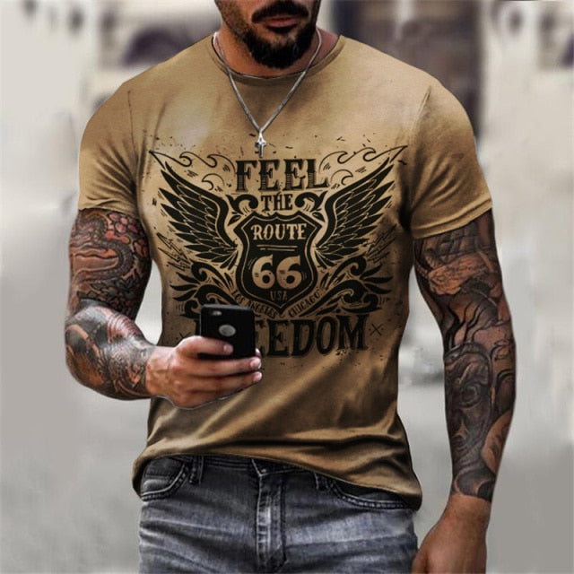 Summer New Mens T Shirts Oversized Loose Clothes Vintage Short Sleeve Fashion America Route 66 Letters Printed O Collared Tshirt - bankshayes40