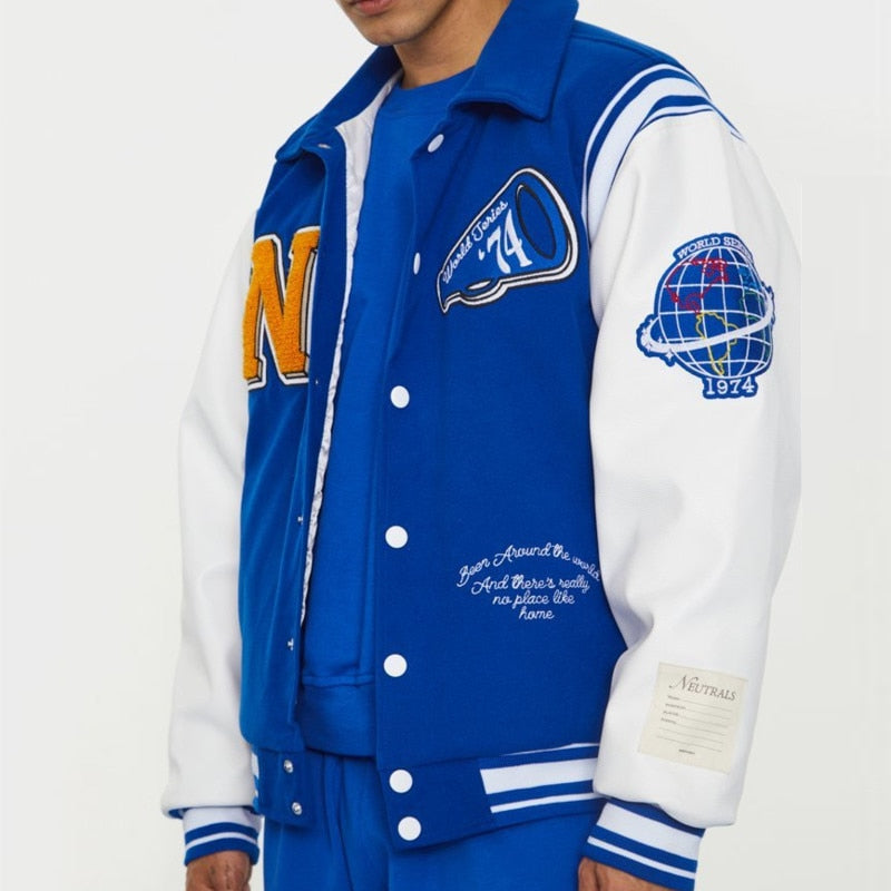 Neutrals Blue Varsity Bomber Jacket