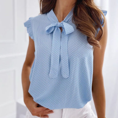 Women Summer Elegant Ruffles Sleeveless Polka Pot Lace Up Tie Bow Blouses and Shirts Casual Oversize Tops Sexy Pullover Tunic - bankshayes40