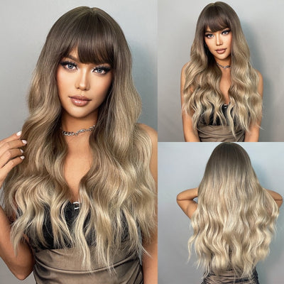 Wigs with Bangs Water Wave Heat Resistant - bankshayes40