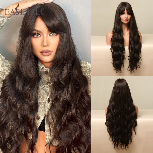 Wigs with Bangs Water Wave Heat Resistant - bankshayes40