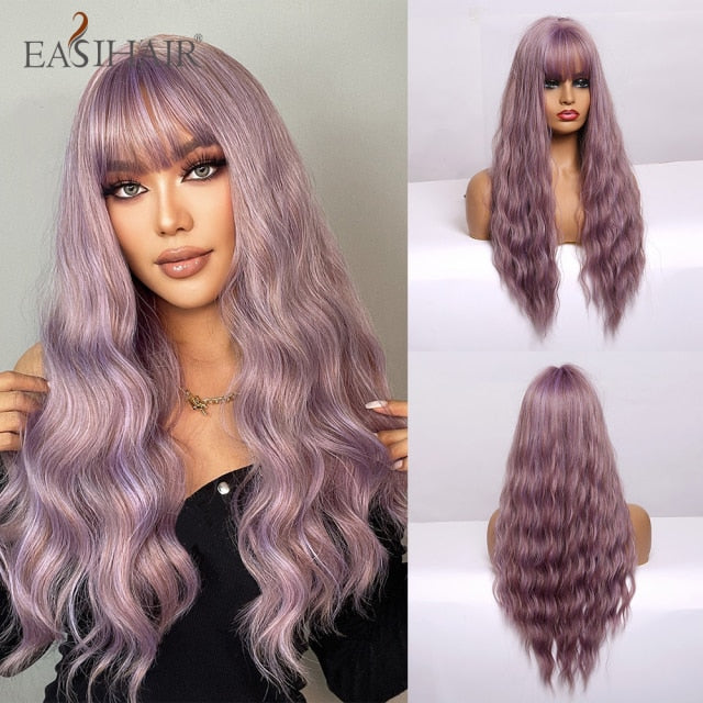 Wigs with Bangs Water Wave Heat Resistant - bankshayes40