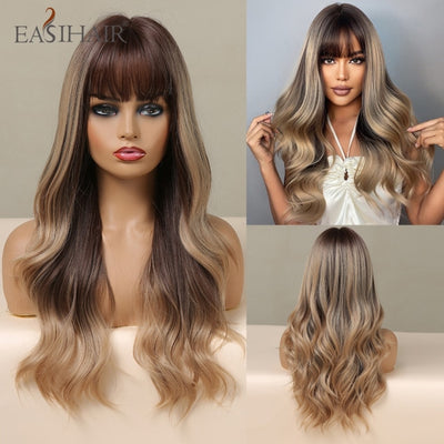 Wigs with Bangs Water Wave Heat Resistant - bankshayes40