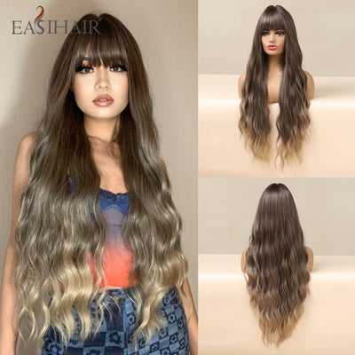 Wigs with Bangs Water Wave Heat Resistant - bankshayes40