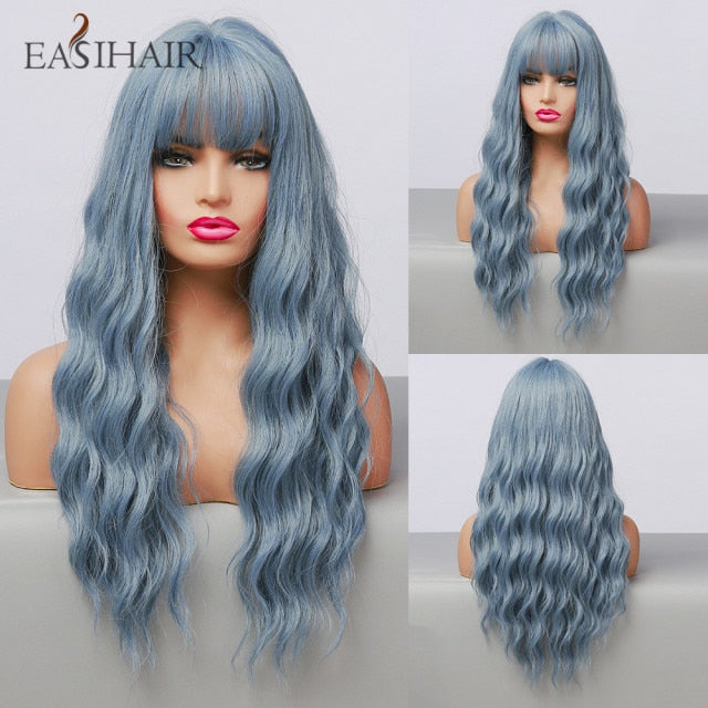 Wigs with Bangs Water Wave Heat Resistant - bankshayes40