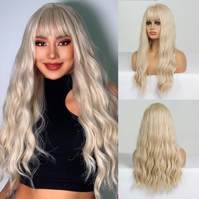 Wigs with Bangs Water Wave Heat Resistant - bankshayes40