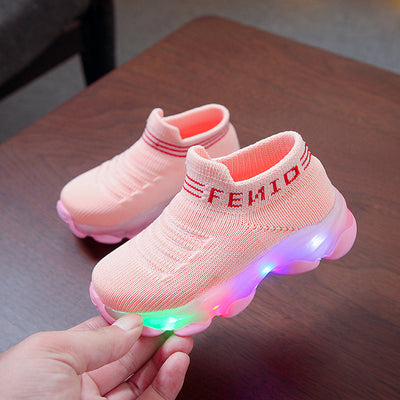 Kids Sneakers Children Baby Girls Boys Letter Mesh Led Luminous Socks Sport Run Sneakers Shoes Sapato Infantil Light Up Shoes - bankshayes40