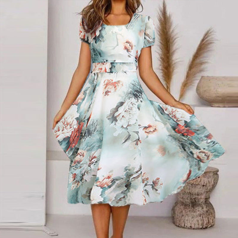 Vintage Short Sleeve Floral Printed Dress - bankshayes40