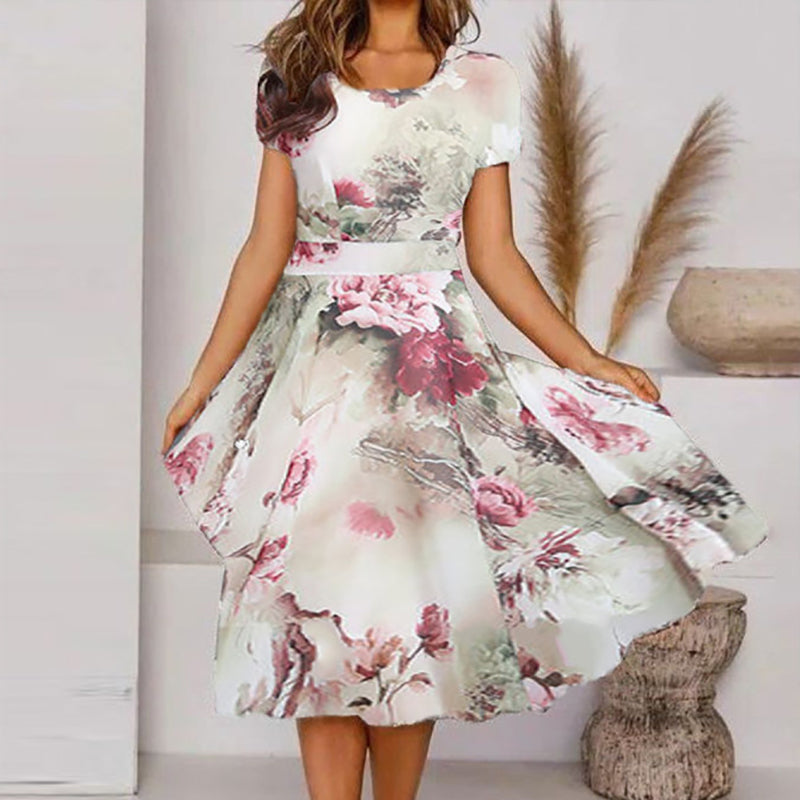 Vintage Short Sleeve Floral Printed Dress - bankshayes40